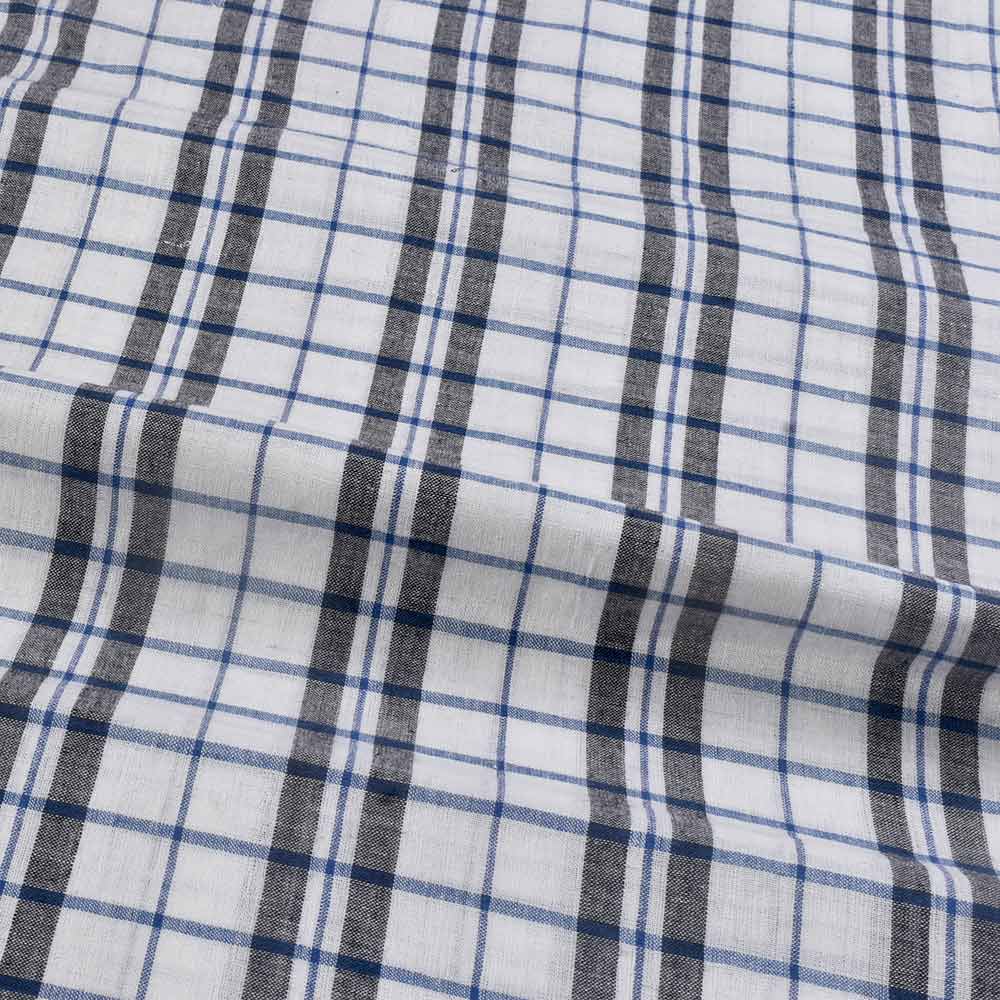 CHECK WHITE BLUE & BLACK PURE COTTON 95 GSM HANDWOVEN FABRIC