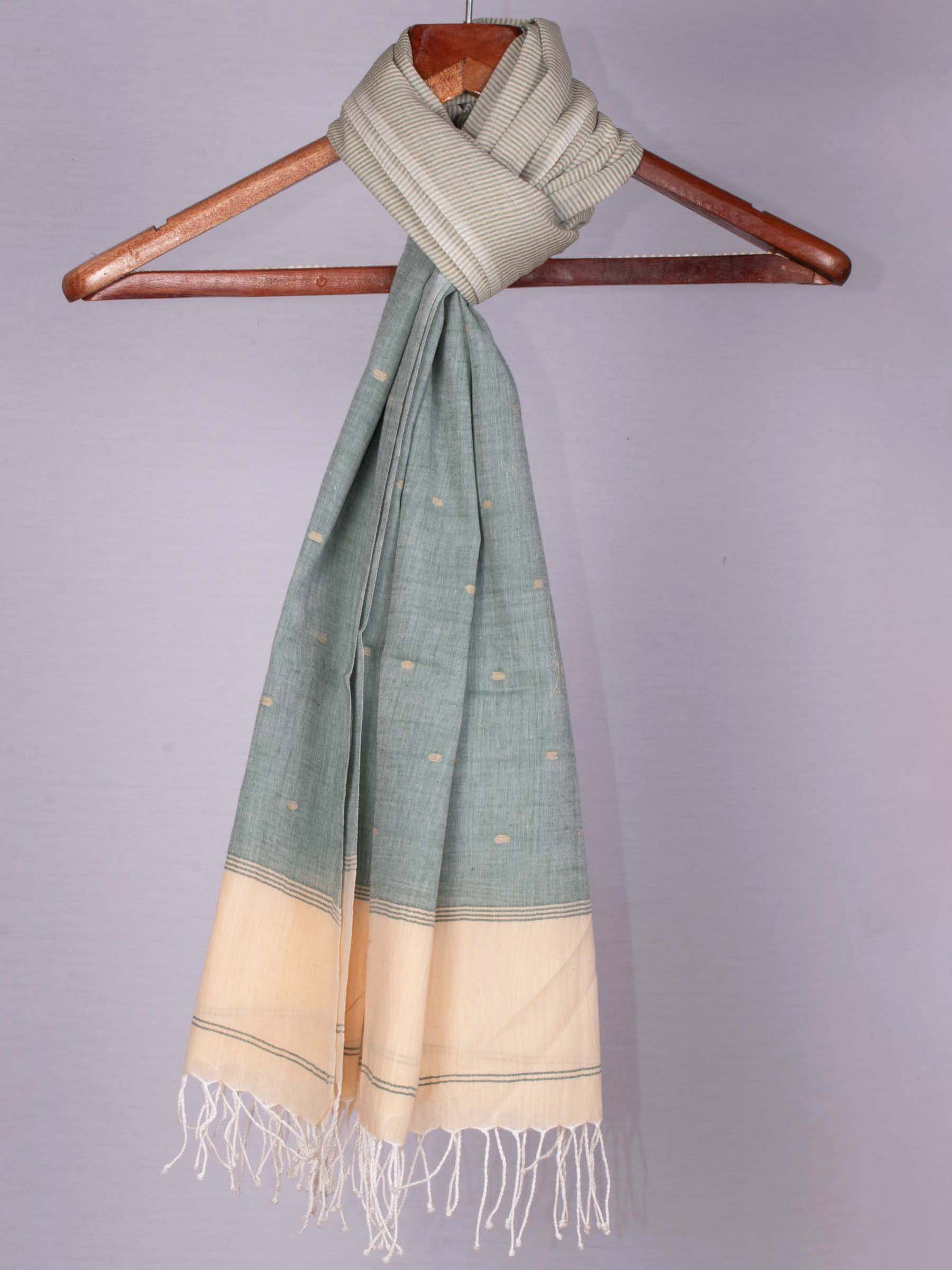 Polka Dot Beige & Olive Green Jamdani Handwoven Cotton Scarf