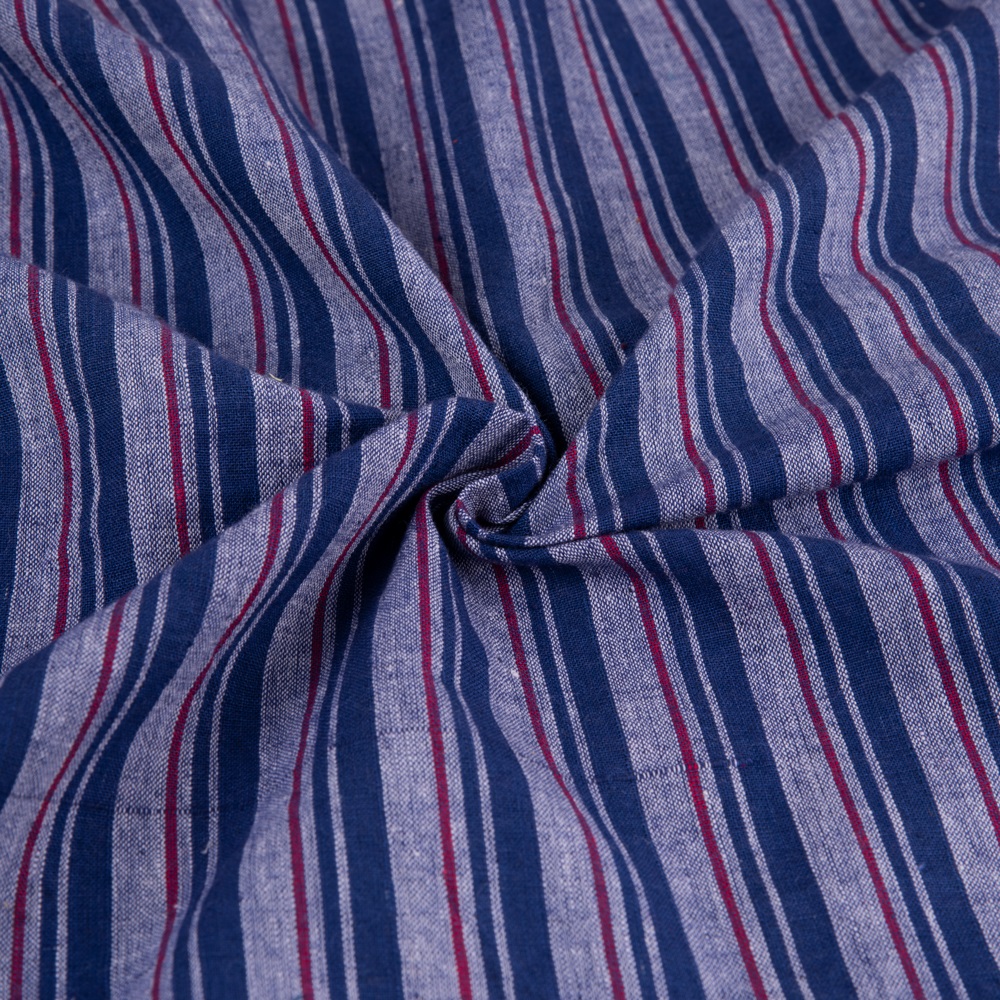 Stripe Indigo & Red Khadi Fabric - 134 GSM Handspun & Handwoven