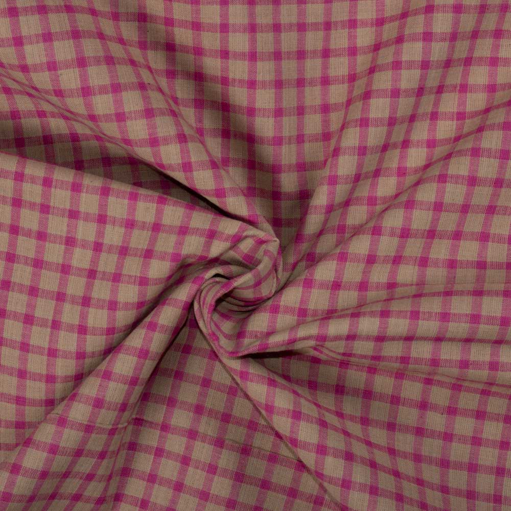 Check Sand and Pink Pure Cotton 70 GSM Handwoven Fabric