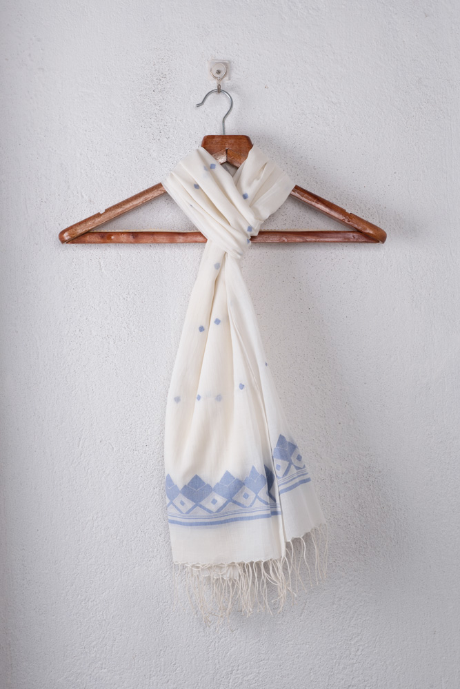 Geometric White Jamdani Handwoven Pure Cotton Scarf 122