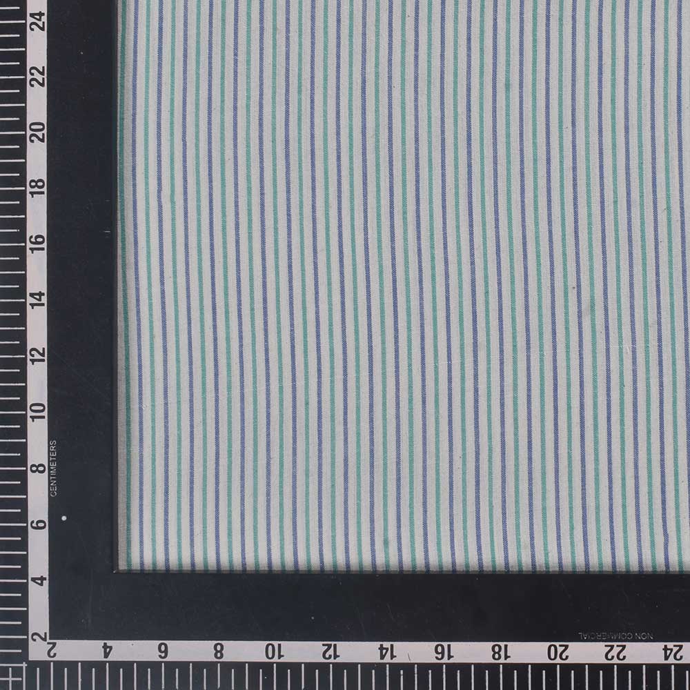 STRIPE BLUE GREEN & WHITE PURE COTTON 88 GSM HANDWOVEN FABRIC