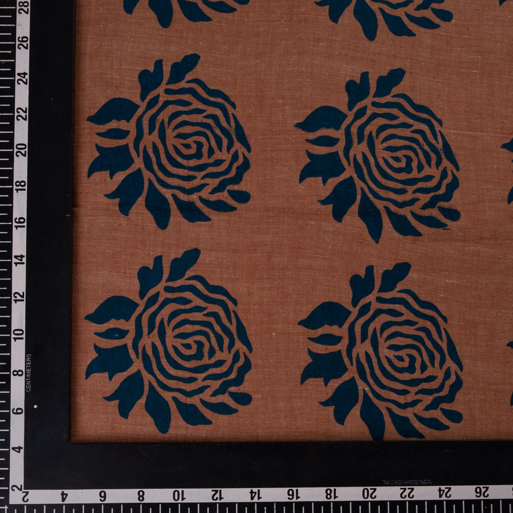 ROSE BROWN & BLUE SCREENPRINTED COTTON KHADI 88 GSM HANDWOVEN FABRIC