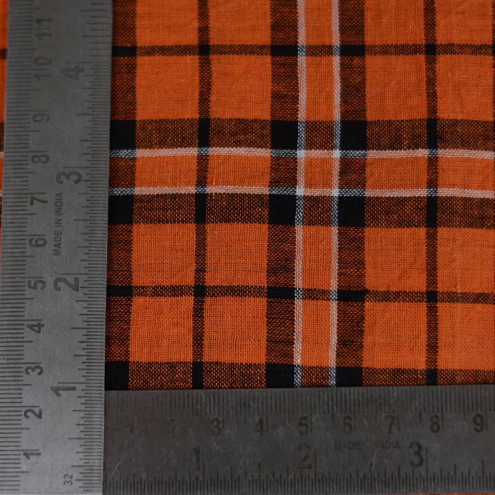 CHECK ORANGE & BLACK PURE COTTON 93 GSM HANDWOVEN FABRIC