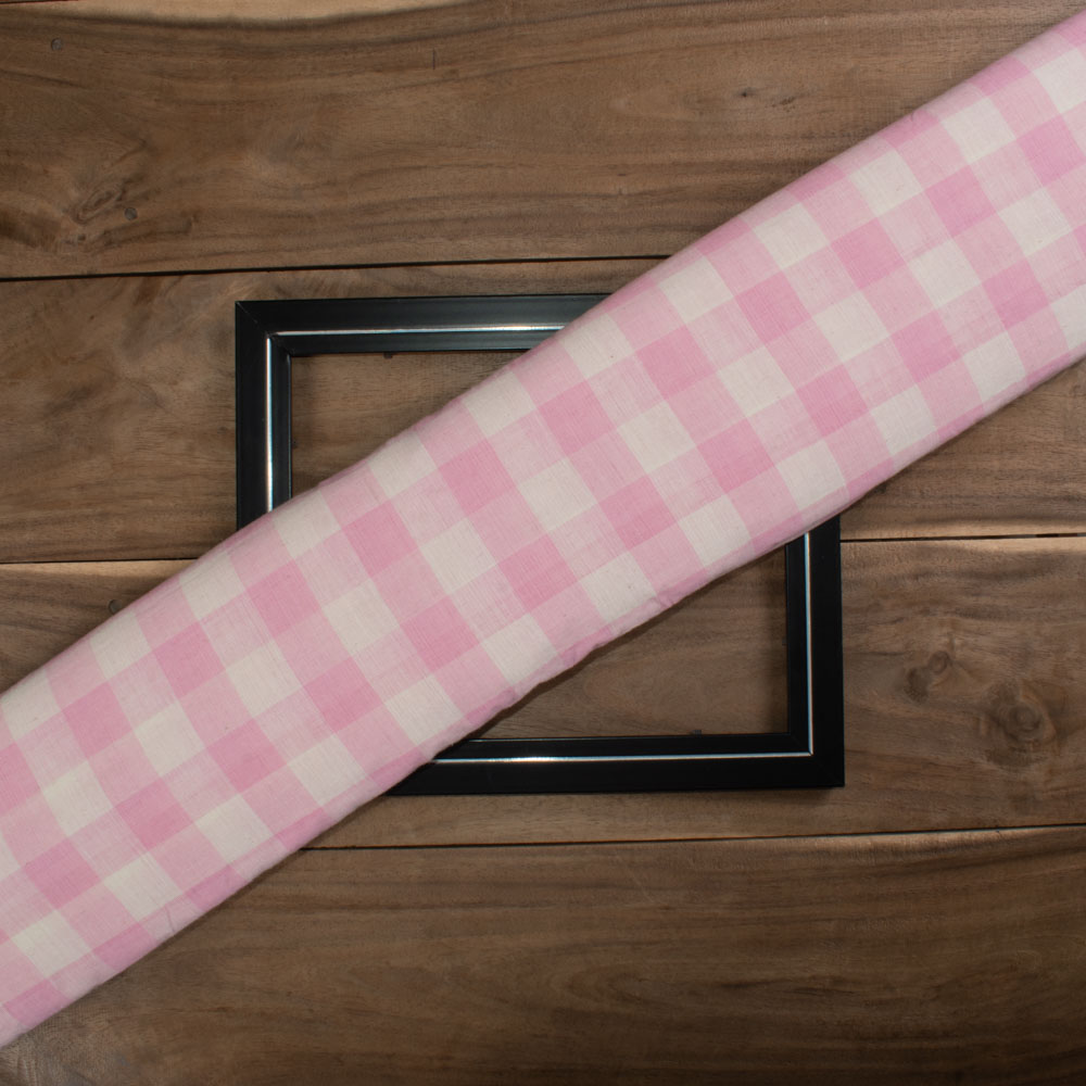 Check White Pink Pure Cotton 100 GSM Handwoven Fabric