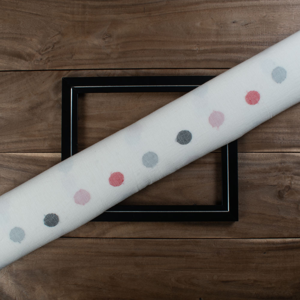 White Base Black & Red Circle Pure Cotton 55 GSM Handwoven Jamdani Fabric