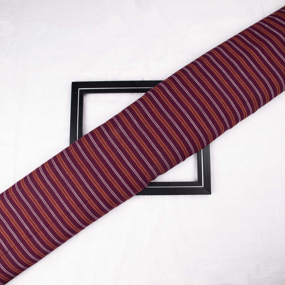 Stripe Maroon & Brown Pure Cotton 68 GSM Handwoven Fabric