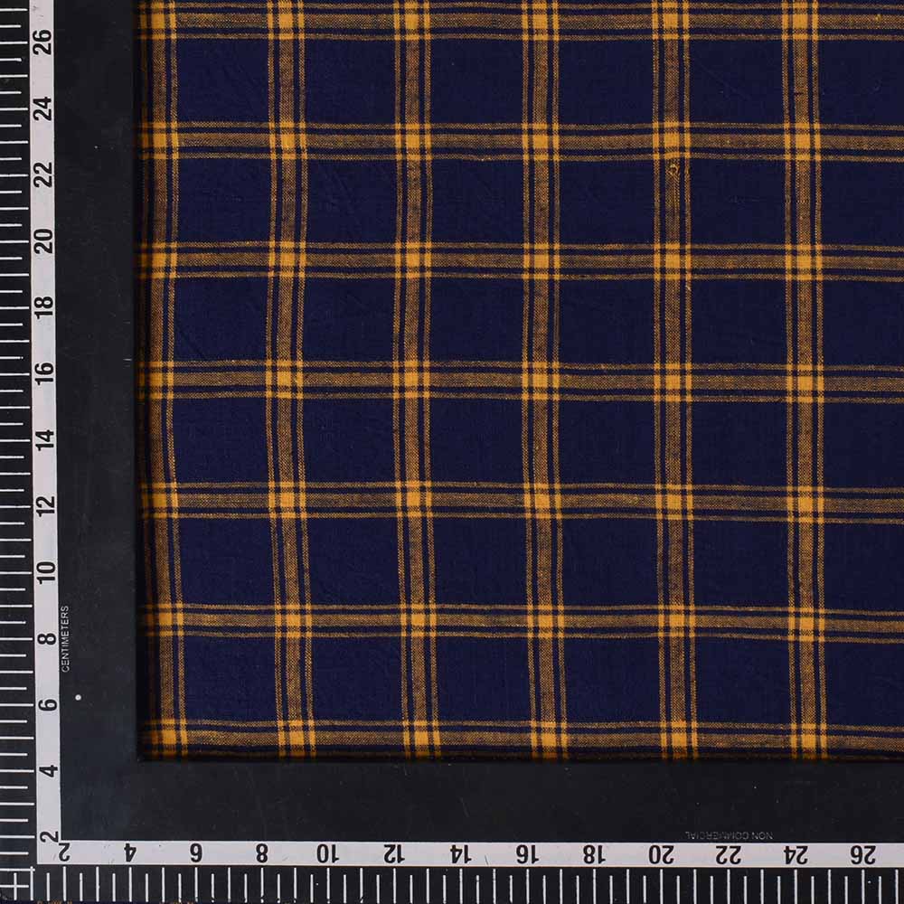 CHECK NAVY YELLOW PURE COTTON 110 GSM HANDWOVEN FABRIC