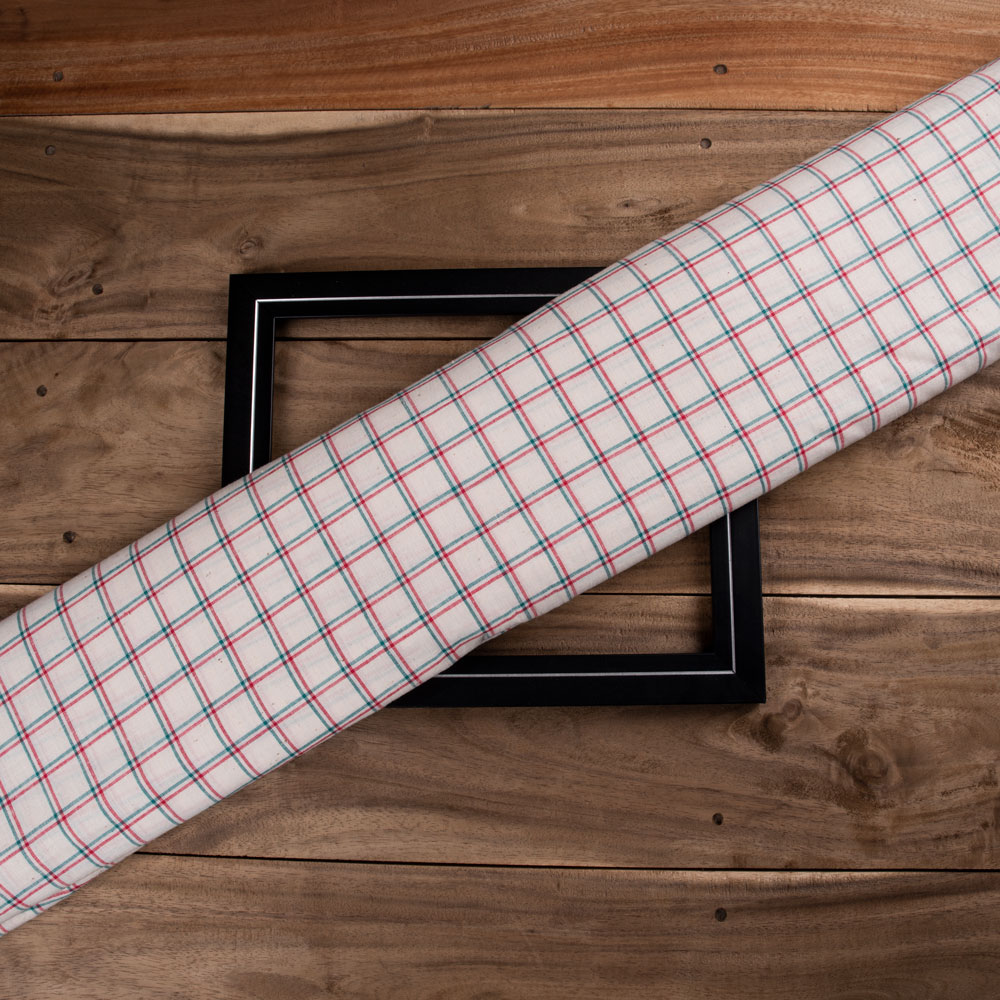 Check White Red & Green Khadi Cotton 98 GSM Handwoven Fabric