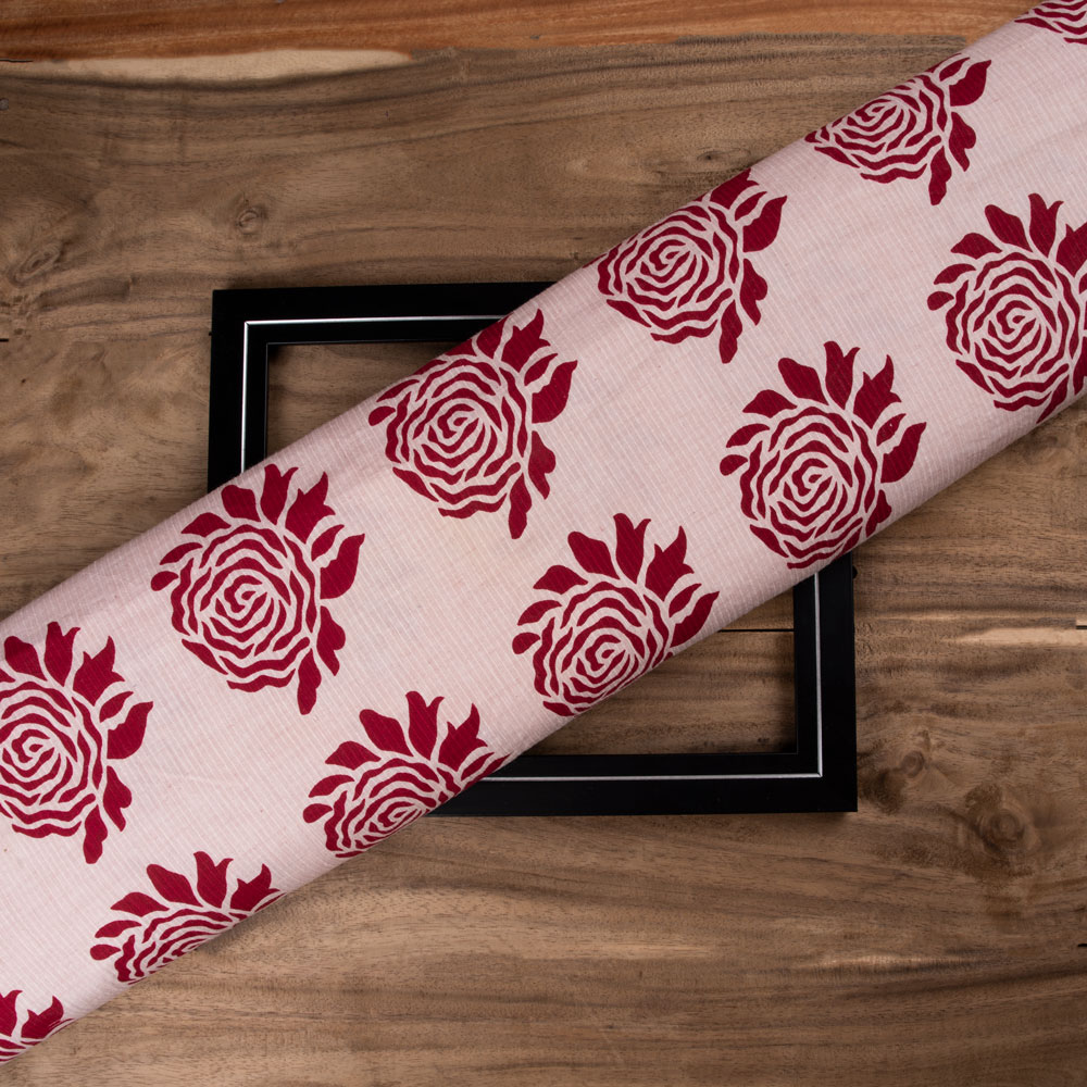 Rose Red Screenprinted Cotton Khadi 104 GSM Handwoven Fabric
