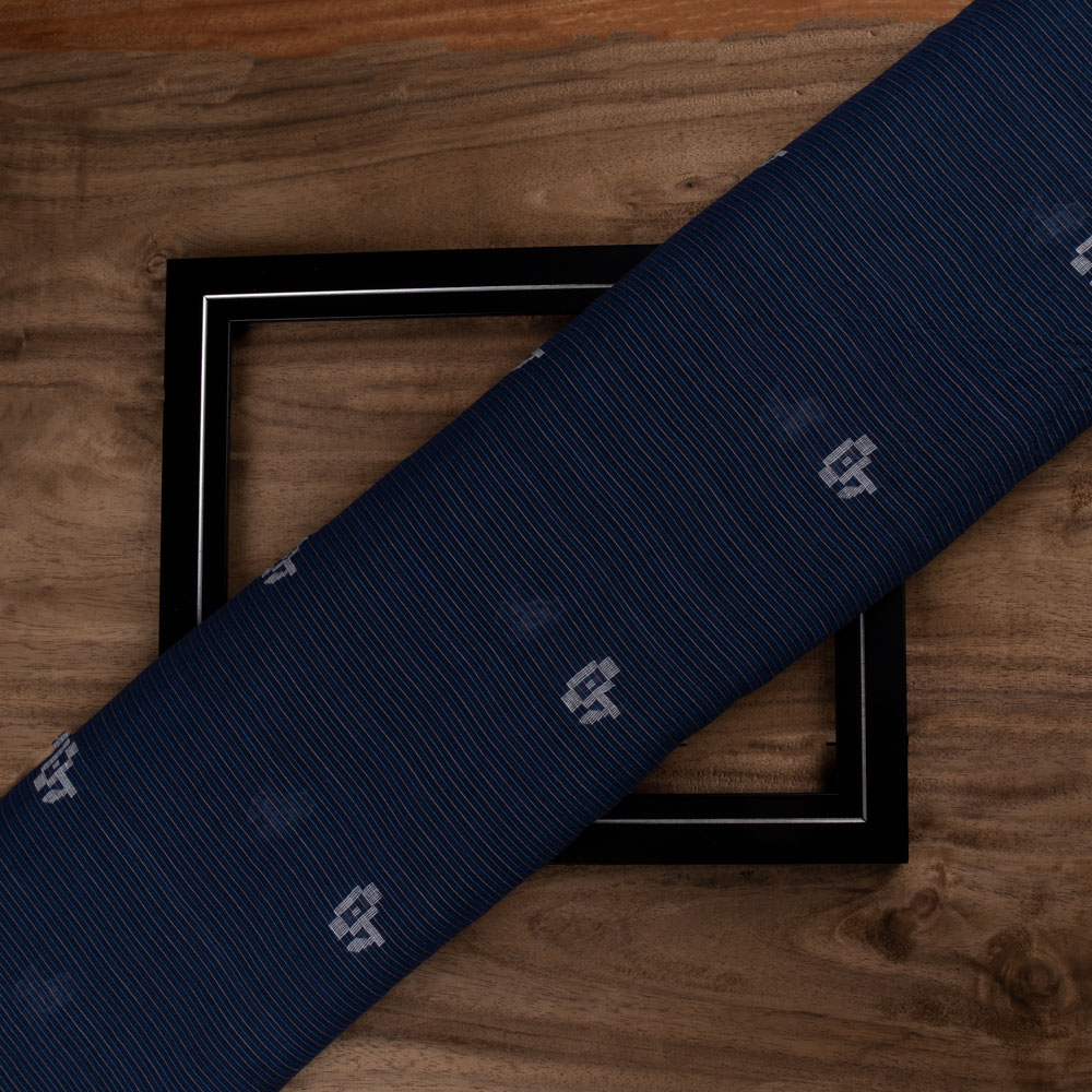 Geometric Stripe Blue Jamdani Pure Cotton 55 GSM Handwoven Fabric
