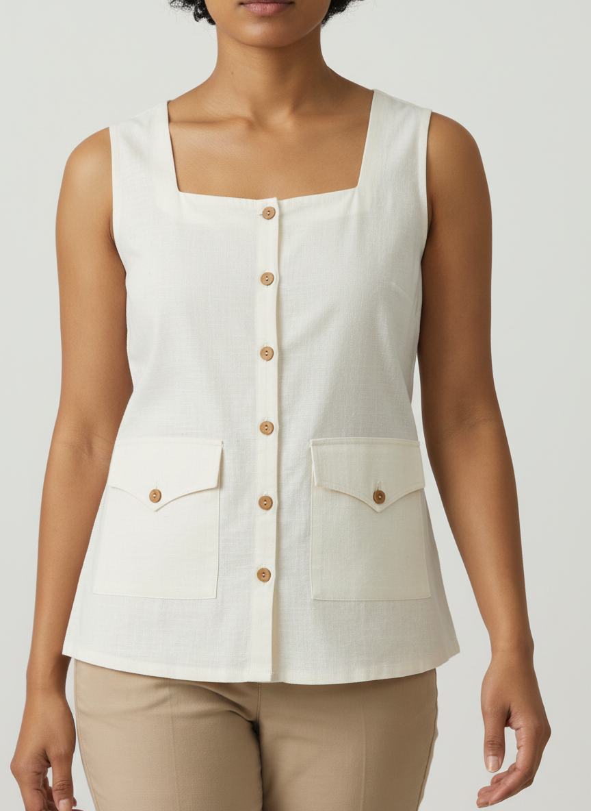 Sleeveless Buttoned Top With Pockets
