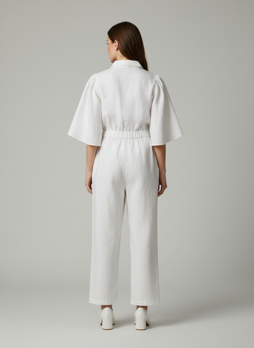 Jumpsuit With Spread Collared And Front Zipper