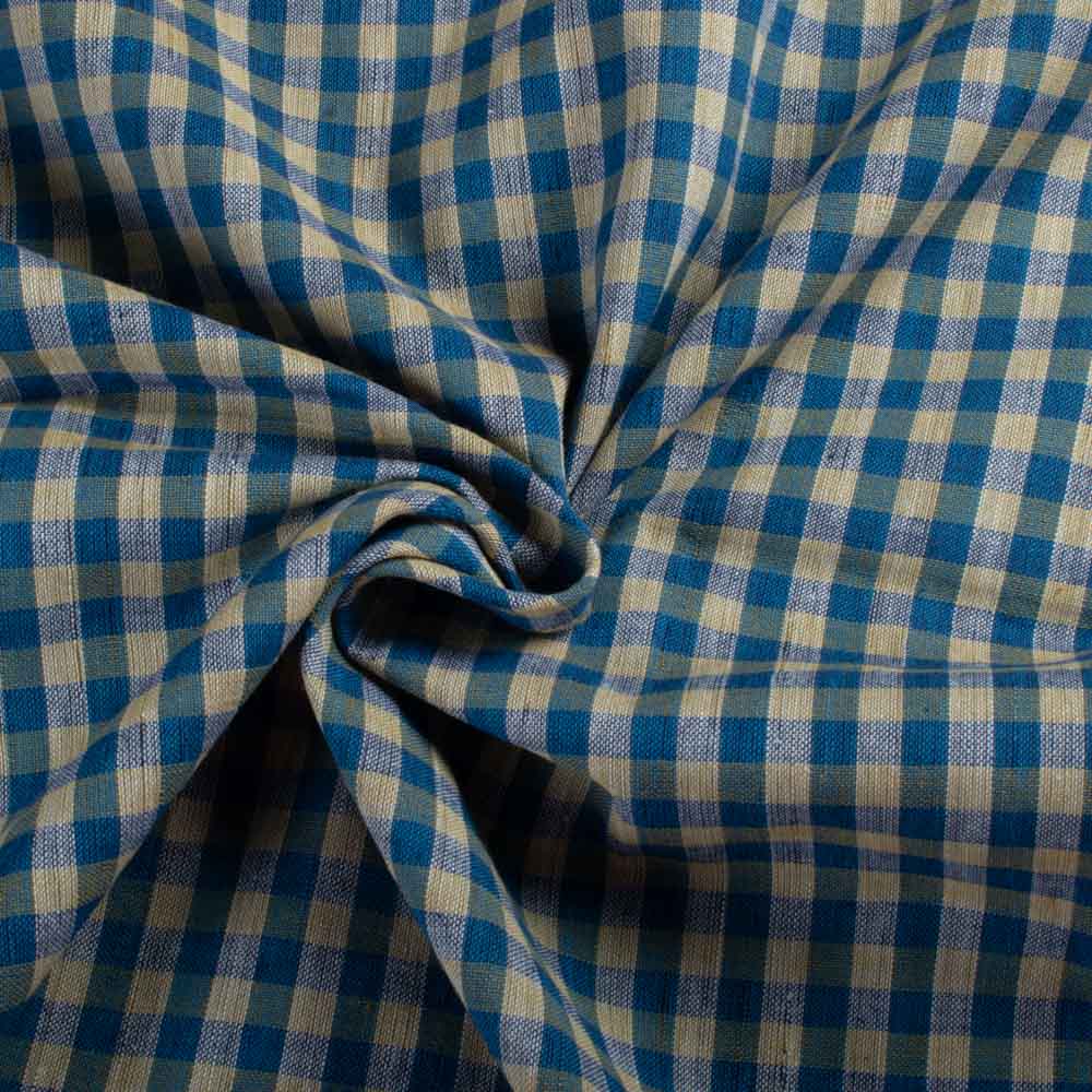Blue White Yellow Cotton & Khadi 92 GSM Handwoven Fabric