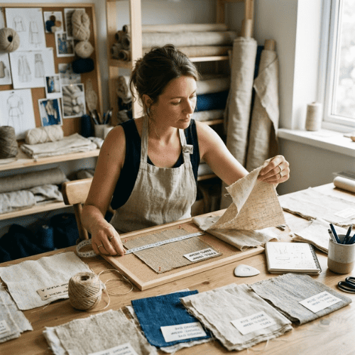 Designer examining hemp fabric cloth swatches for clothing