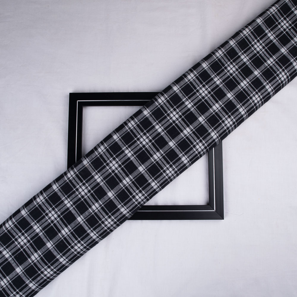 Check Black & White Pure Cotton 92 GSM Handwoven Fabric