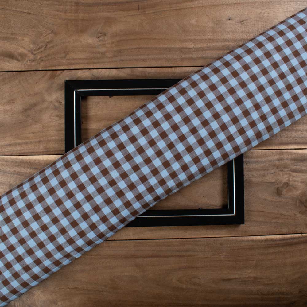 Dark Brown & Sky Blue Check Pure Cotton 110 GSM Handwoven Fabric