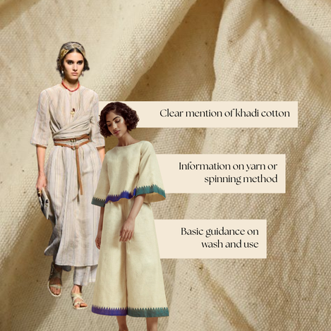 Models wearing khadi cotton garments with emphasis on fabric authenticity, yarn spinning method, and basic care guidance for khadi clothing