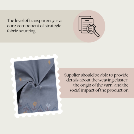 Traceable cotton fabric sourcing showing artisan clusters, yarn origin, and ethical production details