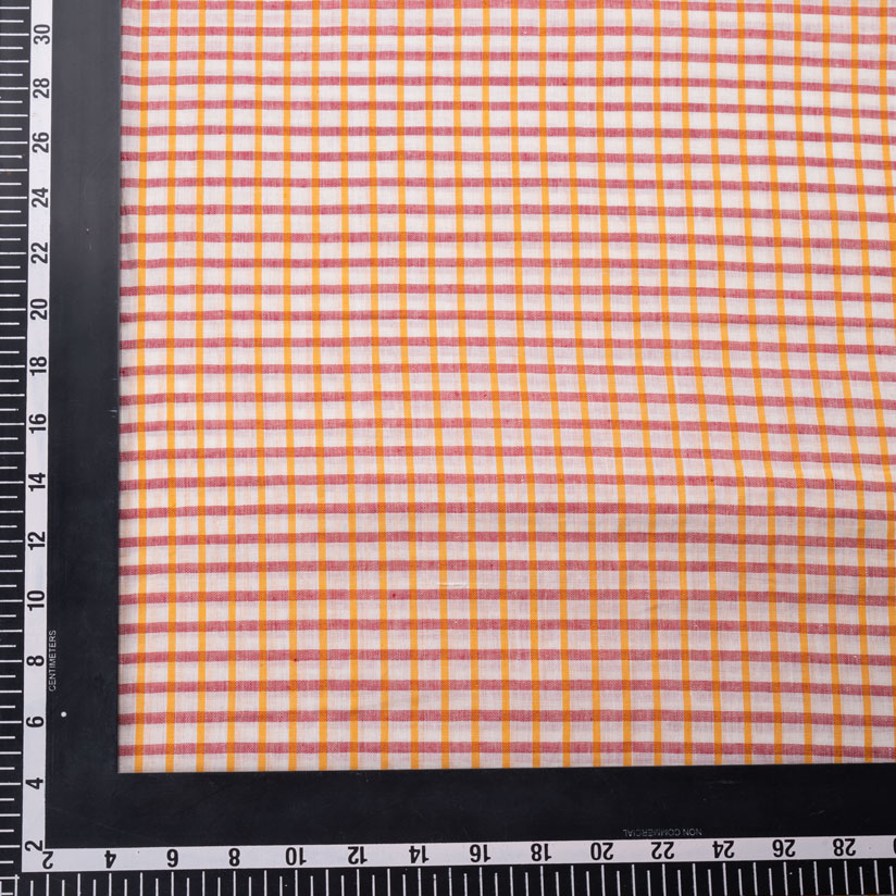 CHECK WHITE ORANGE & RED PURE COTTON 70 GSM HANDWOVEN FABRIC