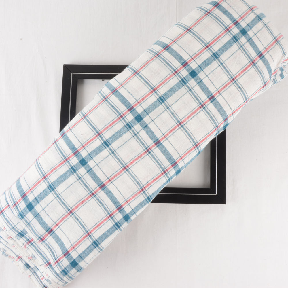 Check Blue & White Pure Khadi Fabric - 120 GSM Handspun & Handwoven