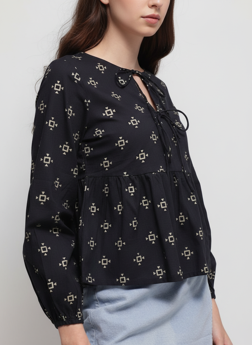 Neck Tie Gathered Sleeves Top