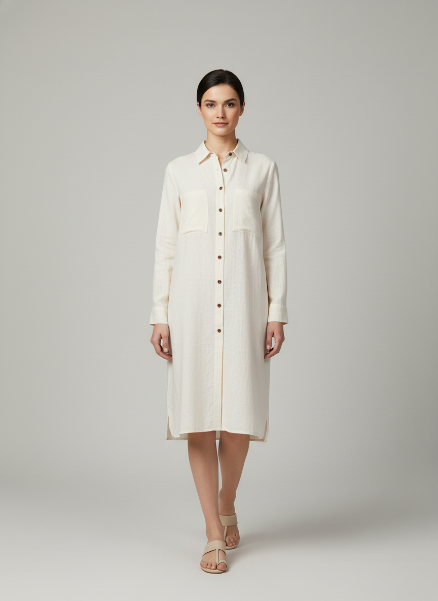 Shirt Dress With Spread Collar-Regular Long Sleeves-Knee Length- Side Slit