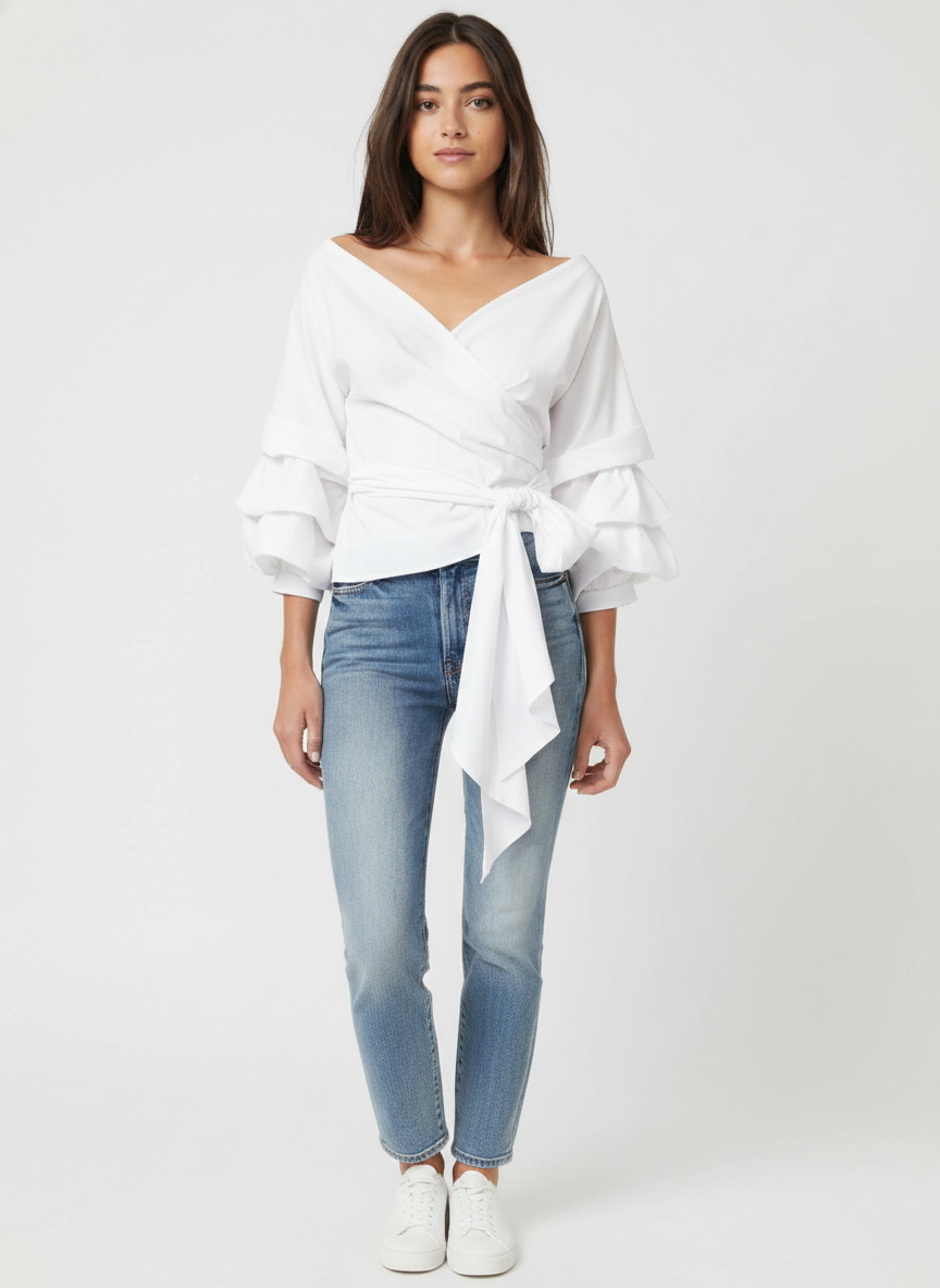 Tiered Gathered Sleeves Top With Waist Tie