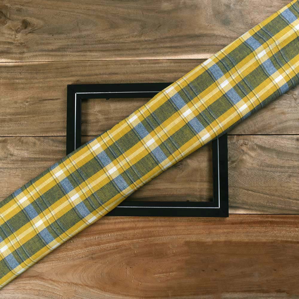 CHECK YELLOW & BLUE PURE COTTON 98 GSM HANDWOVEN FABRIC