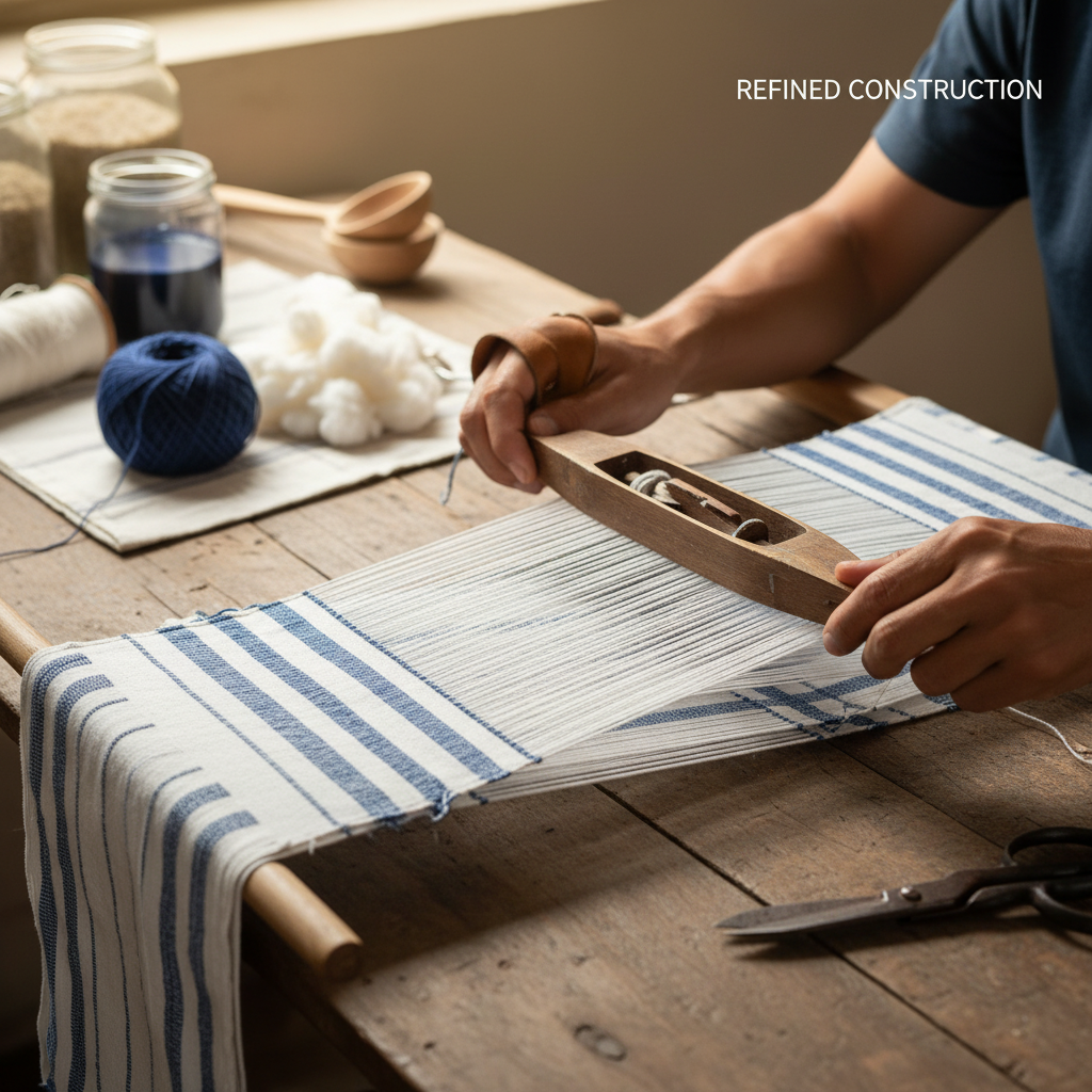 Designer reviewing recycled cotton fabric GSM, weave stability, seam strength, and blend ratios