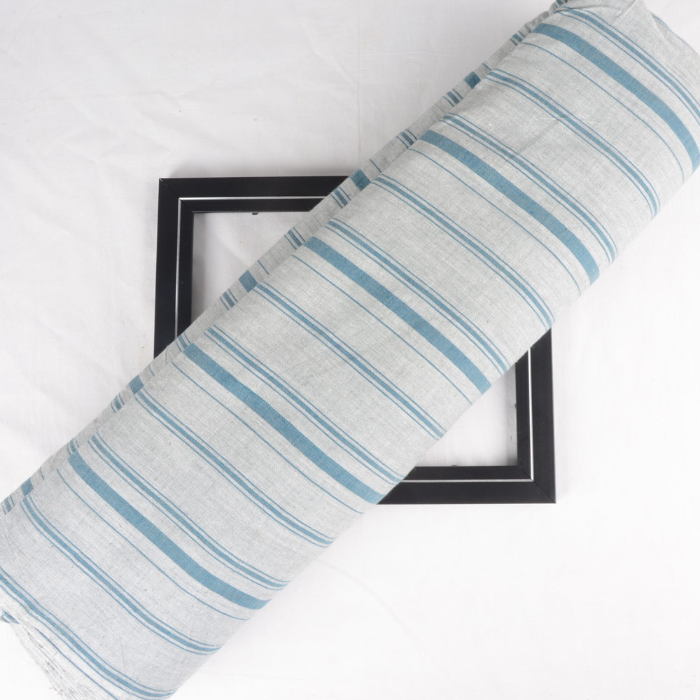 Stripe Grey & Teal Pure Khadi Fabric - 119 GSM Handspun & Handwoven