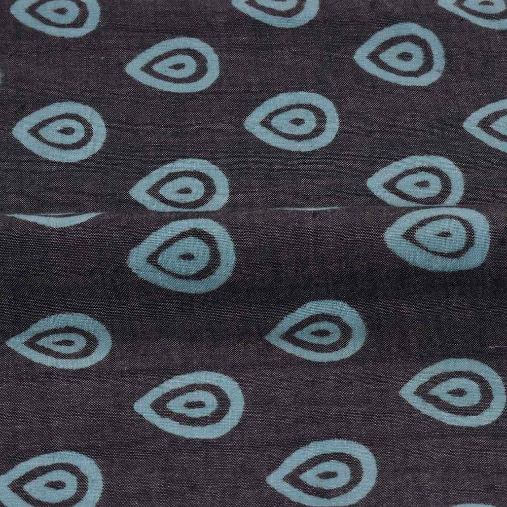 TEARDROP BLUE BLACK DISCHARGE BLOCK PRINTED PURE COTTON 88 GSM HANDWOVEN FABRIC