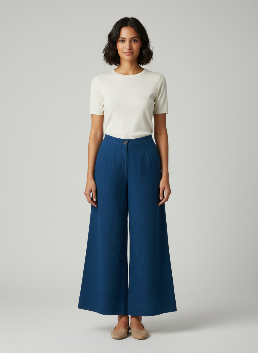 Wide Leg Pants-Single Center Button 