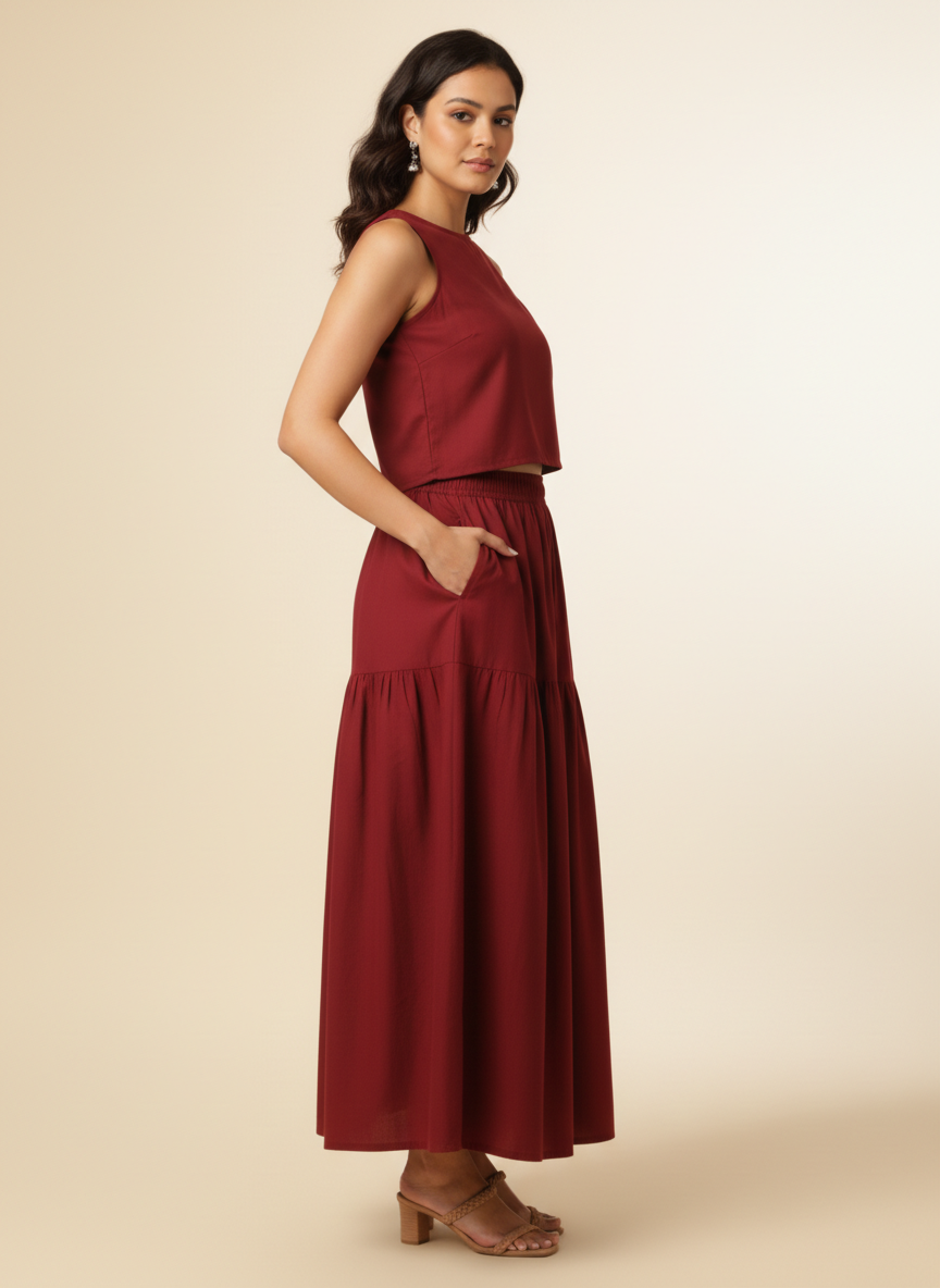 Two Tiers Split Tea Length Skirt Co-ord Set