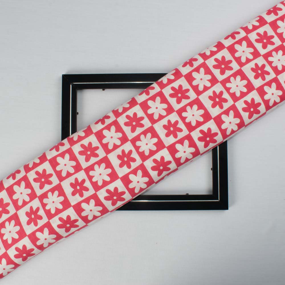Floral Red White Screenprinted Pure Khadi 90 GSM Handwoven Fabric