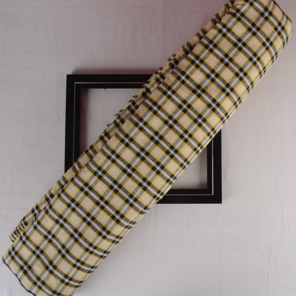 Check Yellow Black & White Pure Cotton 105 GSM Handwoven Fabric