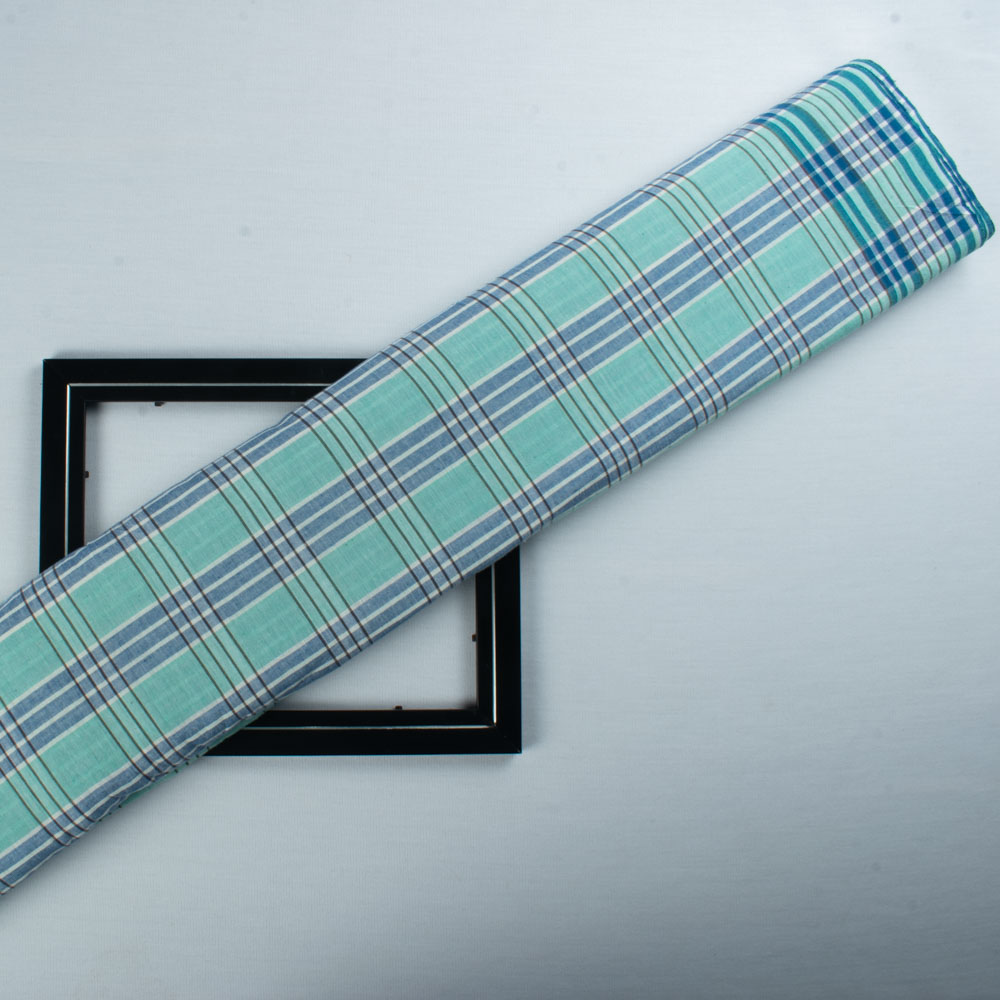 Check White Blue and Green Pure Cotton 100 GSM Handwoven Fabric