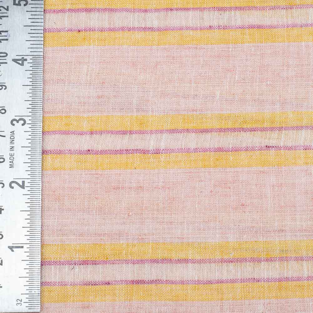 STRIPE PEACH & GOLDEN ZARI PURE LINEN 102 GSM HANDWOVEN FABRIC