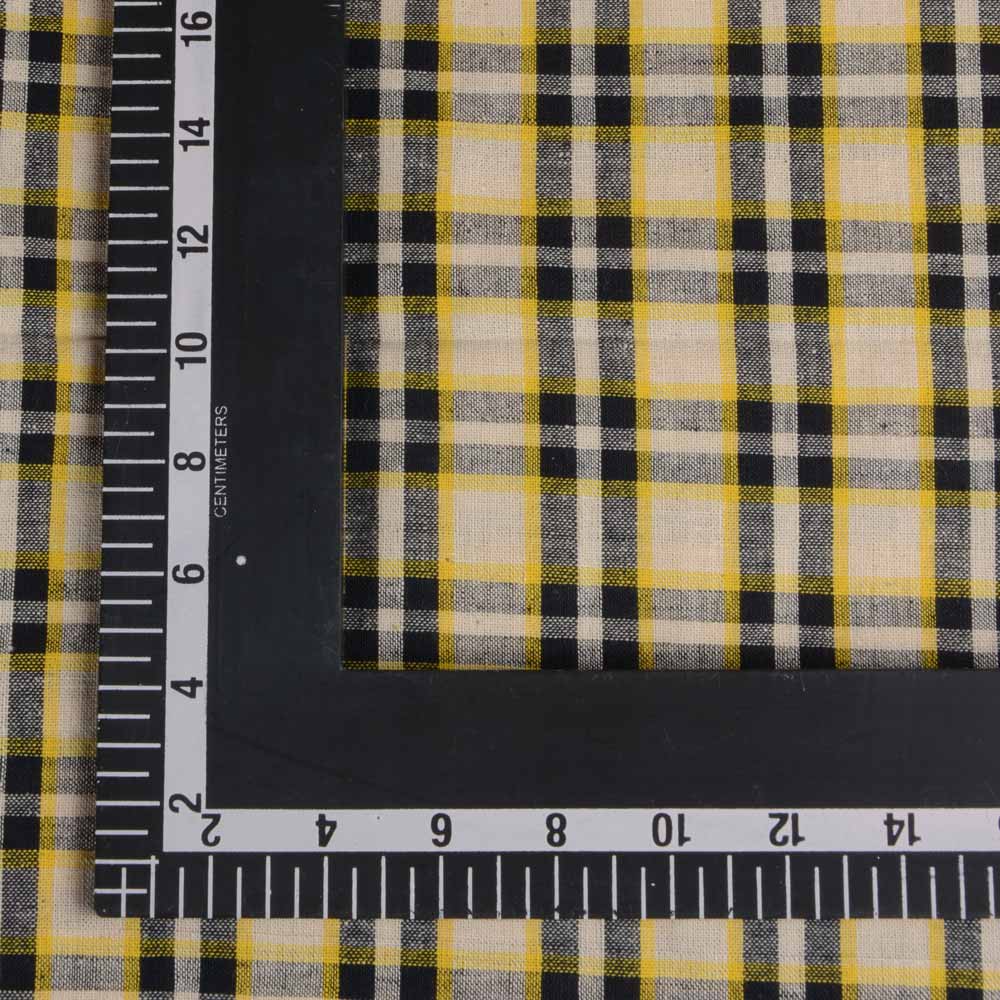 CHECK YELLOW BLACK & WHITE PURE COTTON 105 GSM HANDWOVEN FABRIC