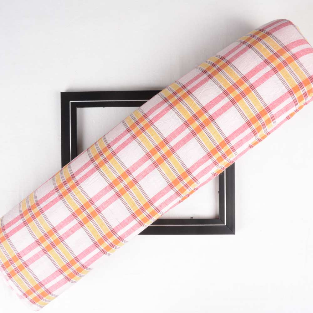 Check Pink Orange & Red Pure Handwoven Cotton 92 GSM Fabric