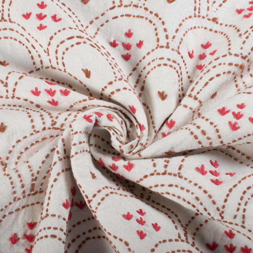White Khadi Cotton Round Pattern 190 GSM Handwoven Kantha Fabric