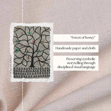 Madhubani painting from the Mithila region depicting ceremonial symbolism and traditional rural motifs.