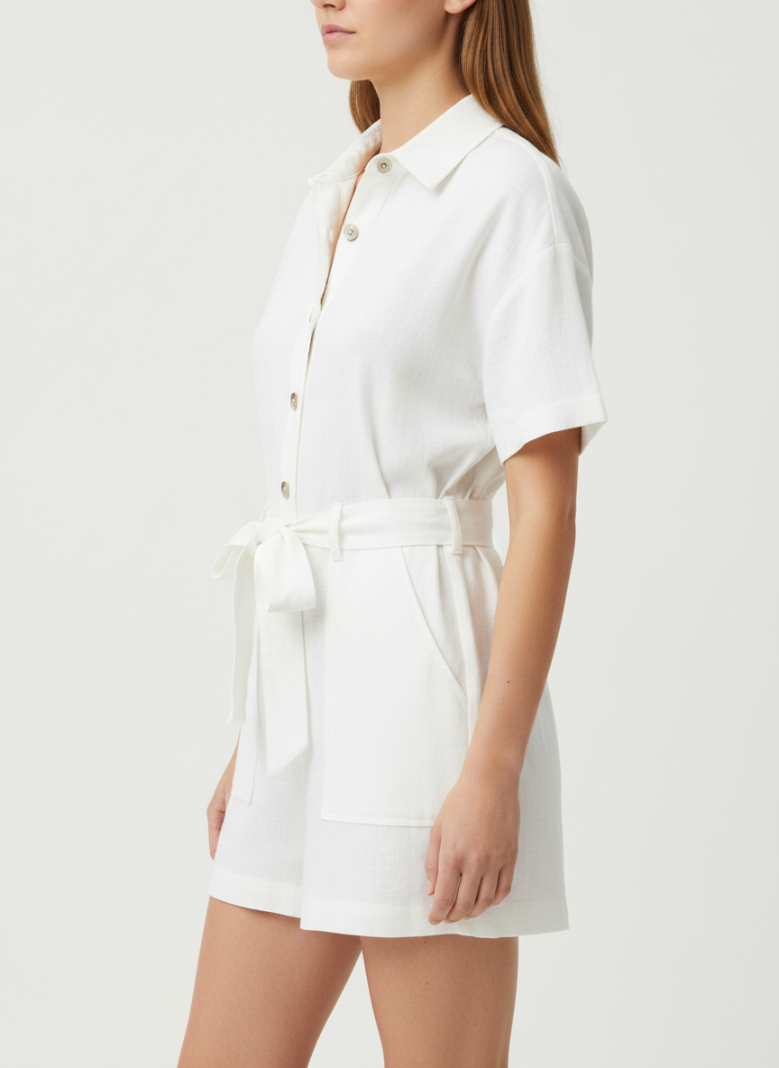 Buttoned Romper With Waist Tie
