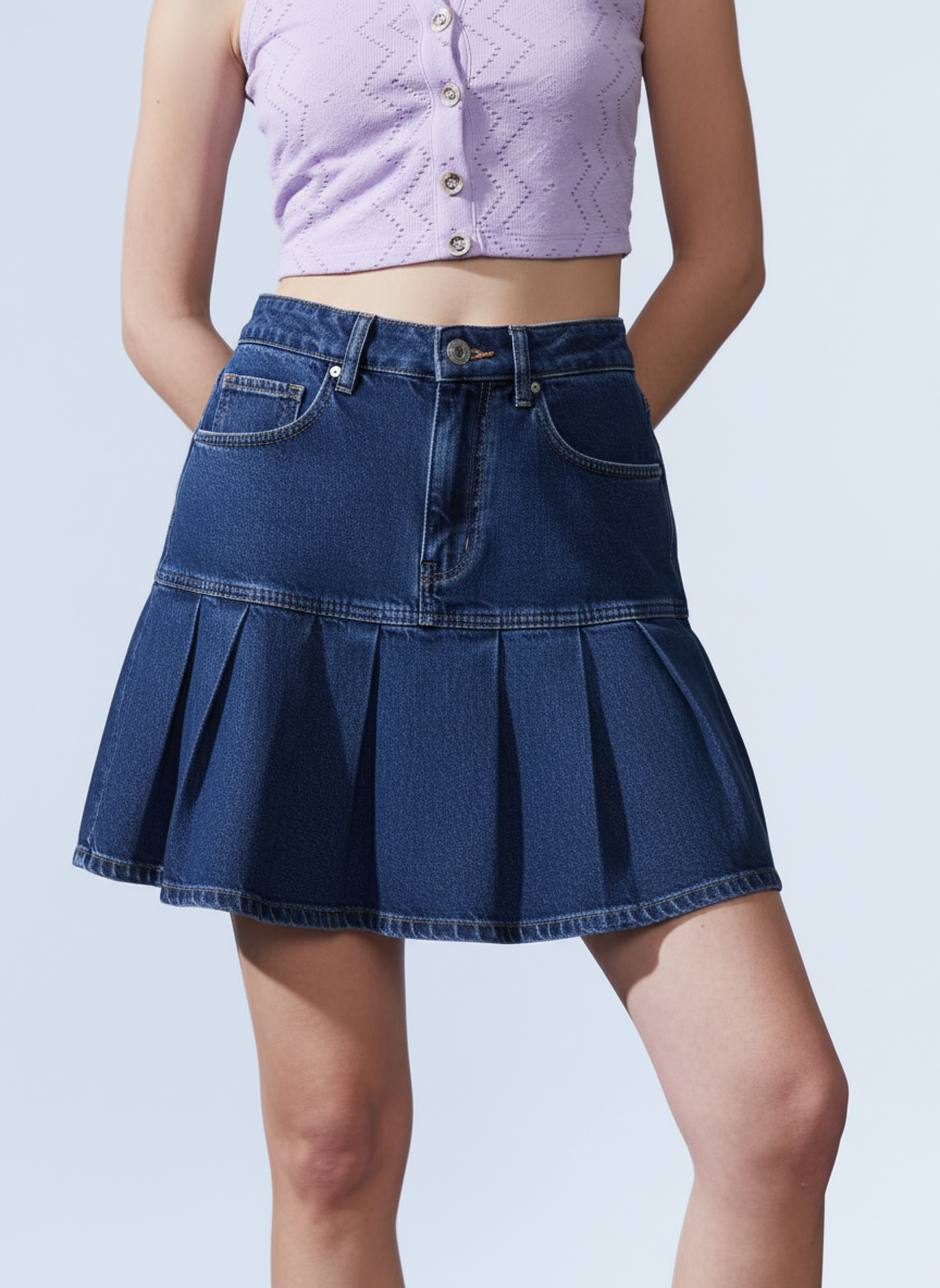 Pleated Short Denim Skirt