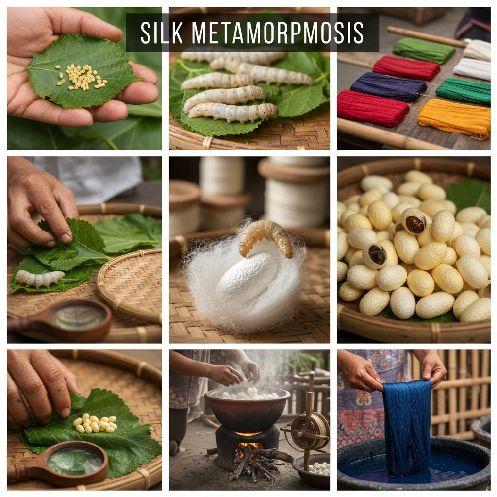 Silkworm life cycle from egg to cocoon during mulberry and wild silk cultivation
