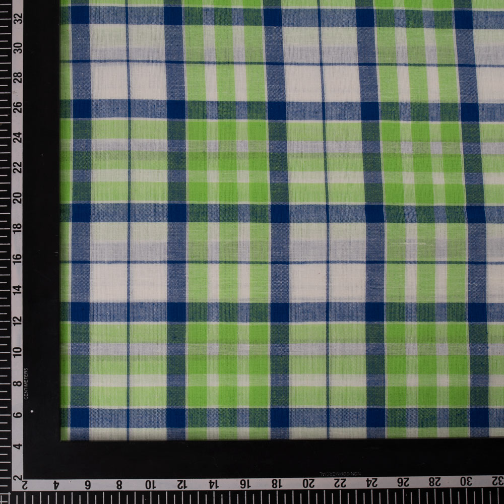 CHECK BLUE GREEN & WHITE PURE COTTON 95 GSM HANDWOVEN FABRIC
