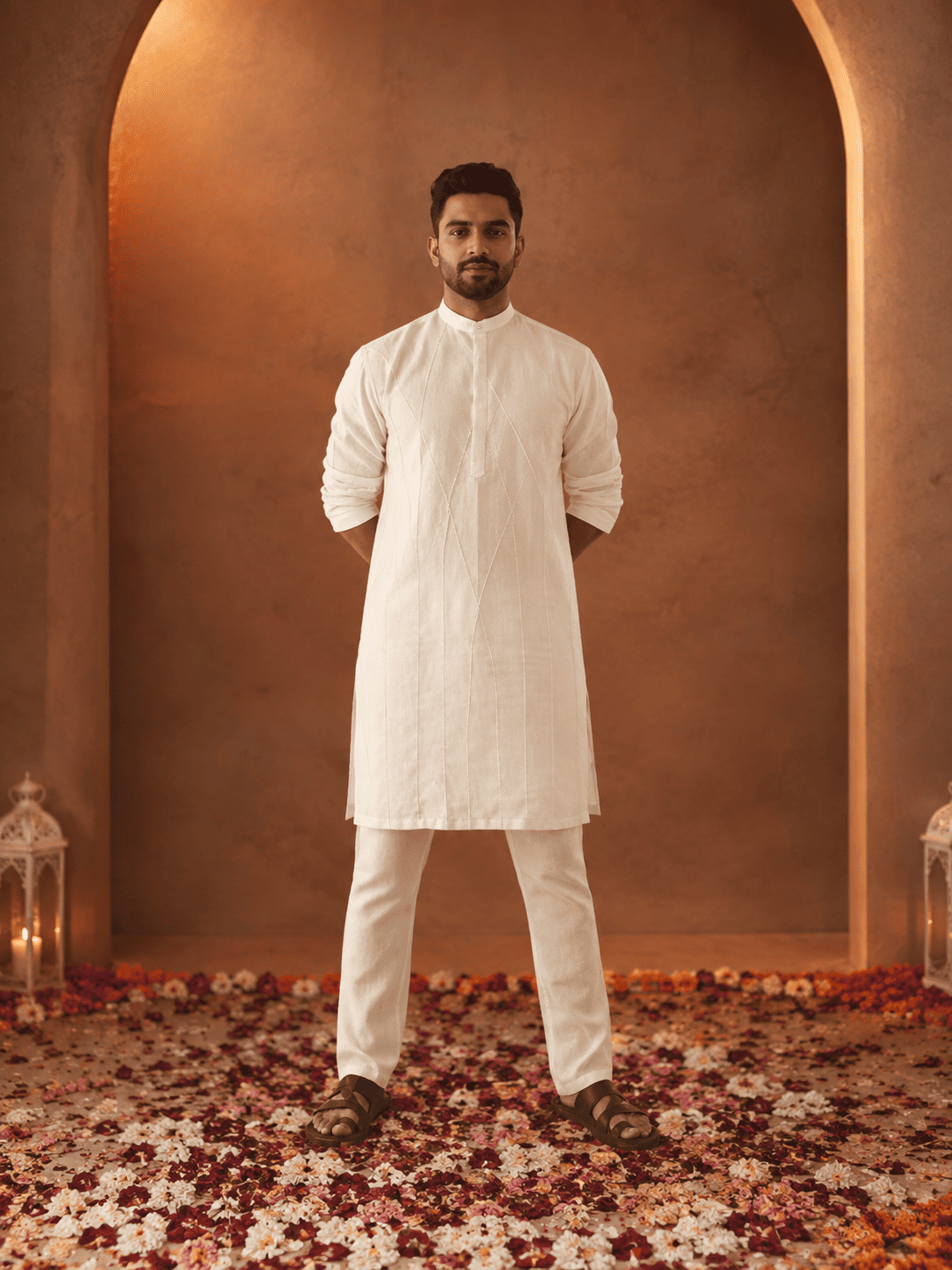 Pintucked Pattern Men's Kurta With Mandarin Collar