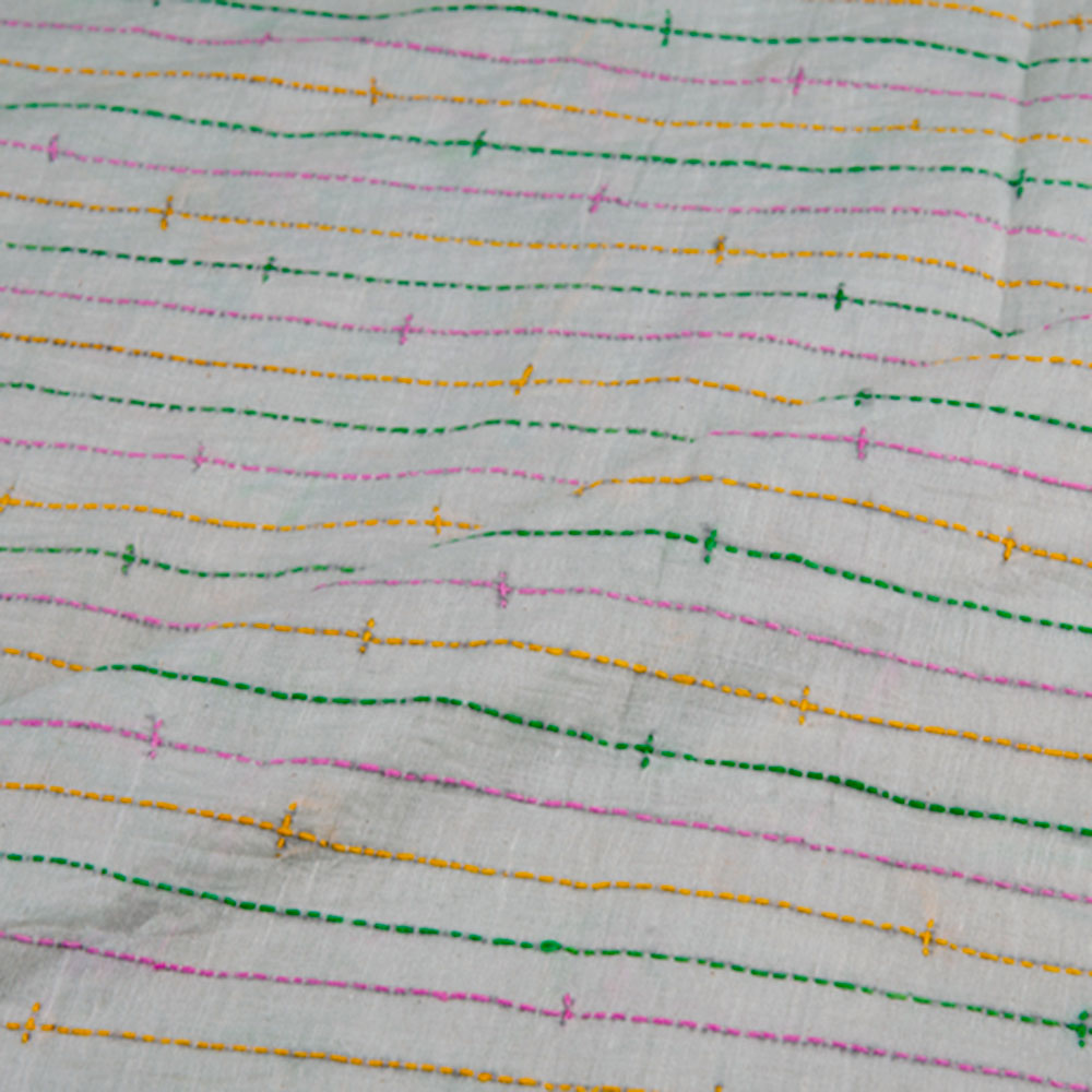 STRIPE WHITE KANTHA EMBROIDERED KHADI COTTON 115 GSM HANDWOVEN FABRIC