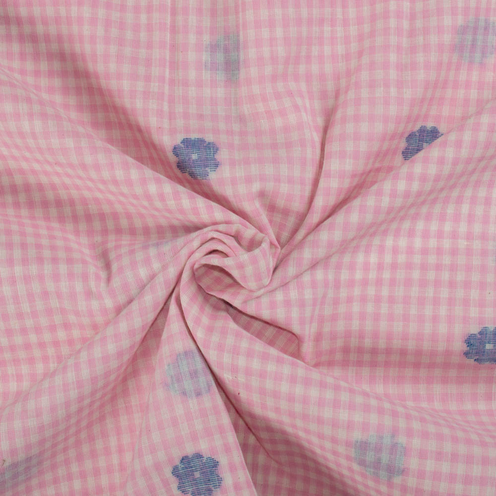 Check Pink White Jamdani Pure Cotton 60 GSM Handwoven Fabric