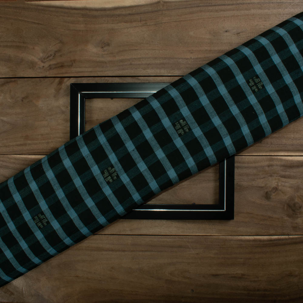 Check Green Black Jamdani Pure Cotton 100 GSM Handwoven Fabric 344